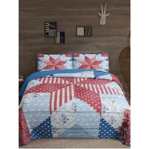 Americana Liberty Star Vintage Look Queen Quilt Set Patriotic Red White Blue